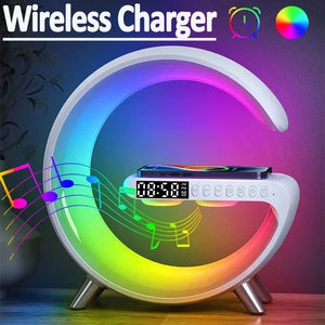 Intelligent LED Table Lamp, 4 in 1 Wireless Charger Night Light Lamp, App Control Bluetooth Speaker with Alarm Clock, Bedside Charging Lamp for Bedroom Office Home Decor (Black) - Variety Port