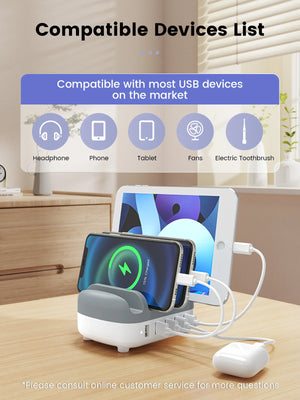 5 Ports USB Charging Station Dock with Holder 40W 5V2.4A USB Charging Free USB Cable for Iphone PC Tablet - Variety Port